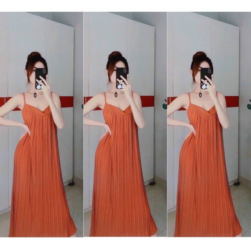 Váy 2 Dây Nữ 💖FREESHIP💖 Đầm 2 dây Suông Dập Ly Dáng Maxi, Đi Biển Dạng Phố Sang Chảnh