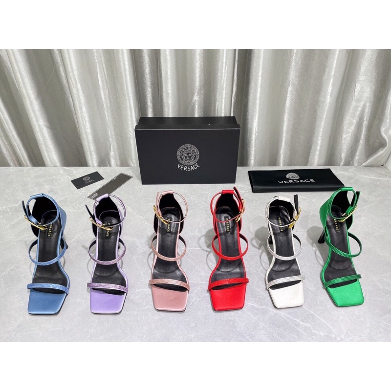 Sandal cao gót 9.5cm cao cấp thương hiệu Versace 2022 da thật có 3 quai sang chảnh cho nữ