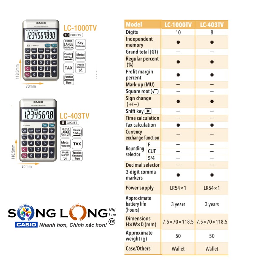 Máy tính BỎ TÚI CASIO LC-1000TV (10 số) &amp; LC-403TV (8 số)–Bảo hành 5 năm– Máy tính CASIO Chính Hãng Nhập khẩu Philippine