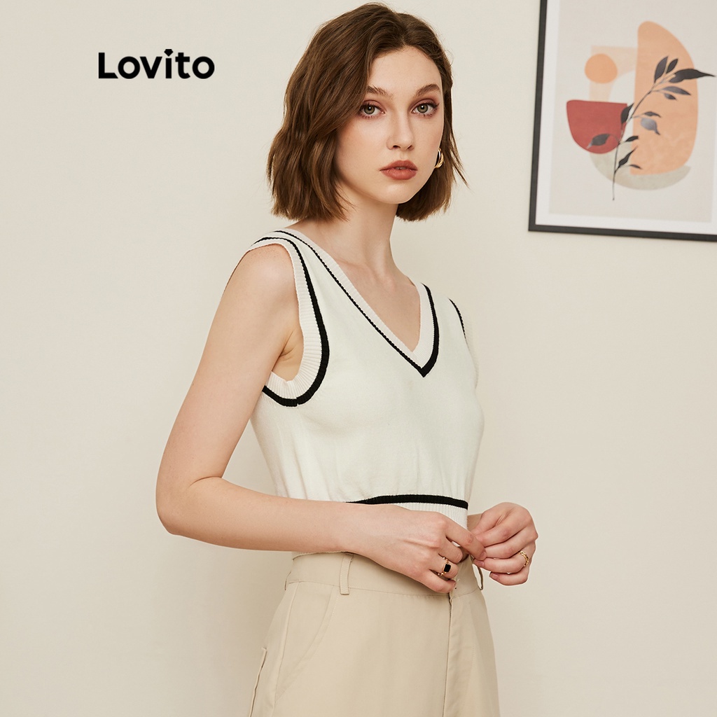 Áo dệt kim Lovito dáng ngắn cổ chữ V phối đường viền tương phản màu trơn phong cách preppy L19D042 (Trắng/Xanh hải quân)