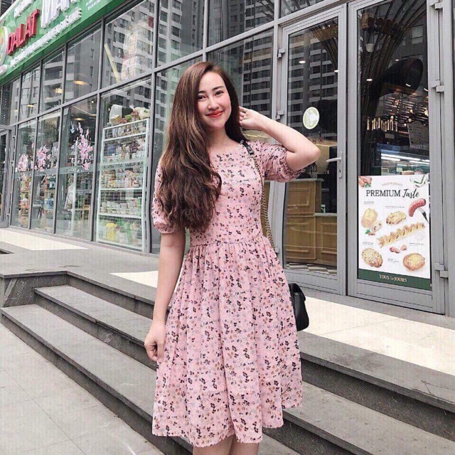 VÁY VOAN CAO CẤP HOA NHÍ 2 LỚP TAY BO DÁNG BỒNG