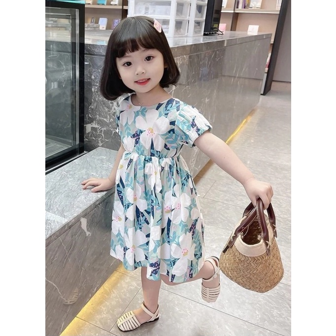 Váy cho bé gái hoa nhí tay bồng bo chun ngực nơ lưng buộc