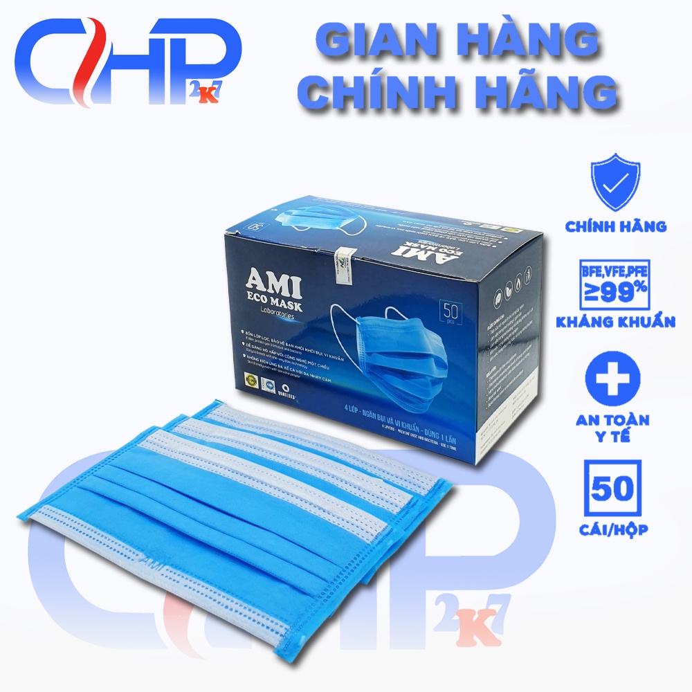 (Ami xanh) Hộp khẩu trang y tế Ami 4 lớp màu Xanh chính hãng 50 cái