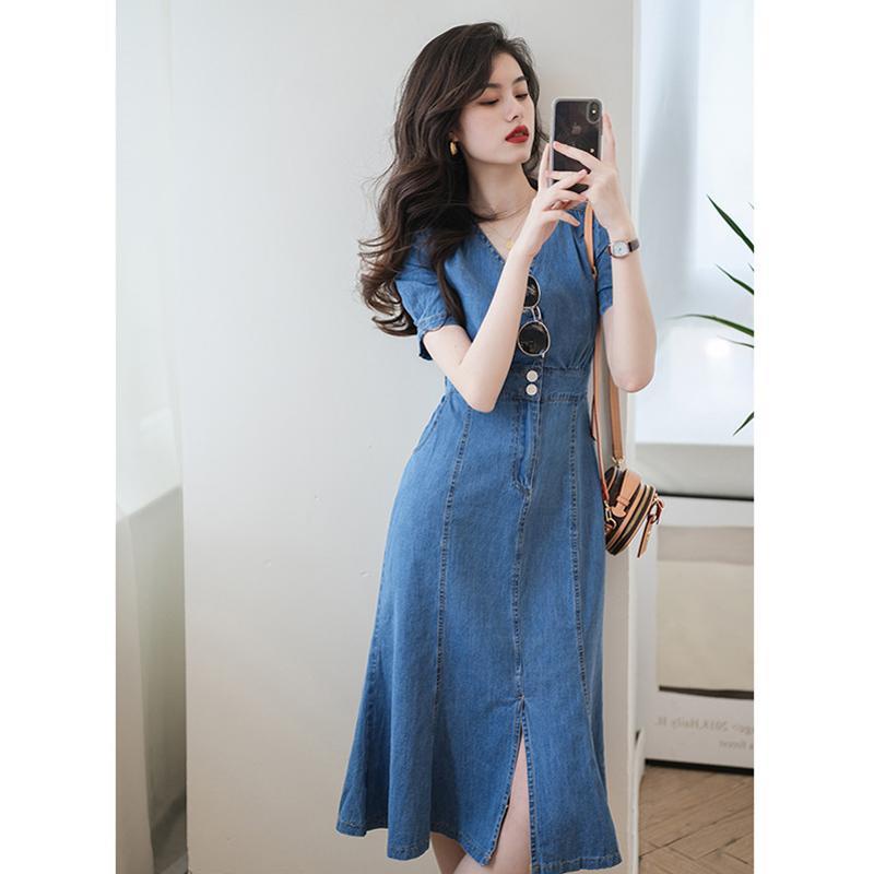 Đầm Denim Tay Ngắn Cổ Chữ V Thiết Kế Mỏng Cao Cấp Thời Trang Mùa Hè Dành Cho Nữ