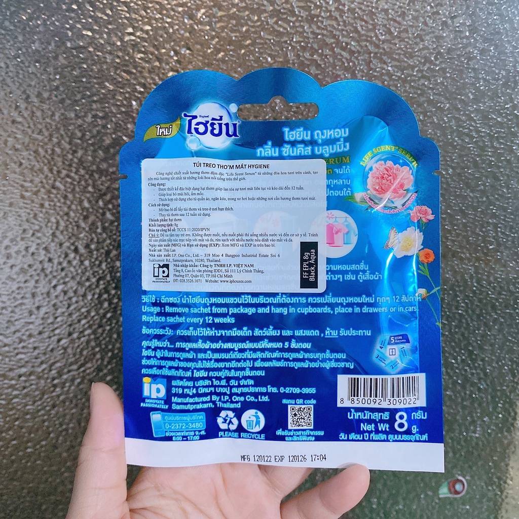 Túi Thơm Hygiene Màu Xanh Treo Tủ Quần Ảo Thái Lan Chống Ẩm Khử Mùi Hiệu Quả Sunkiss Blooming 8gr