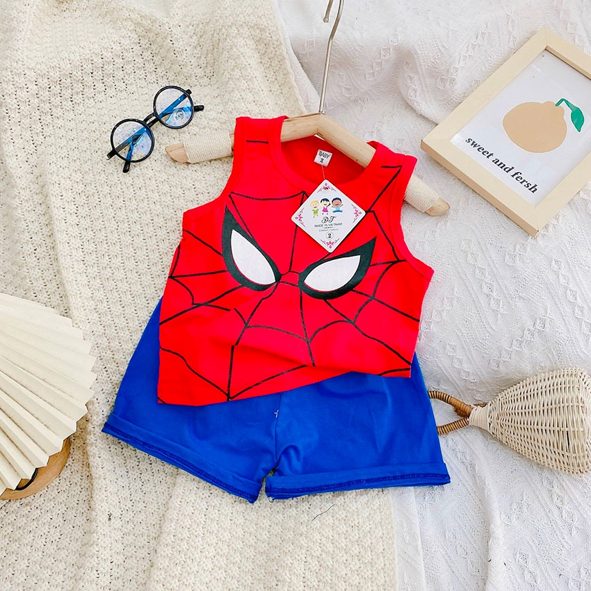 Bộ Quần Áo BA LỖ In Hình Người Nhện - Marvel Vải Coton Sang Chảnh Cho Bé Từ 7-19kg