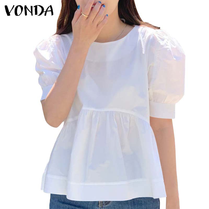 Áo nữ VONDA nửa tay áo cổ tròn màu trơn có dáng xếp ly thời trang đơn giản Hàn Quốc