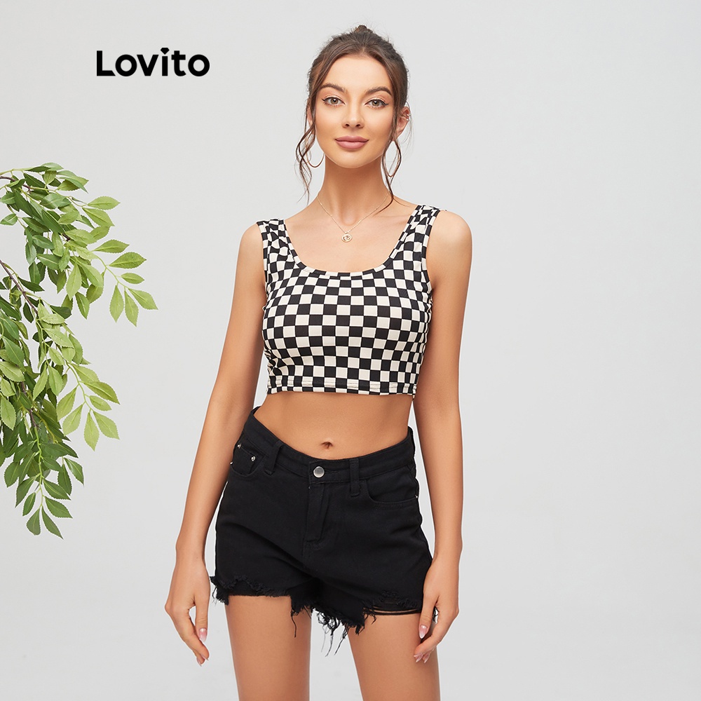 Áo tank Lovito top cổ vuông kẻ sọc caro màu đen L11D04 | BigBuy360 - bigbuy360.vn