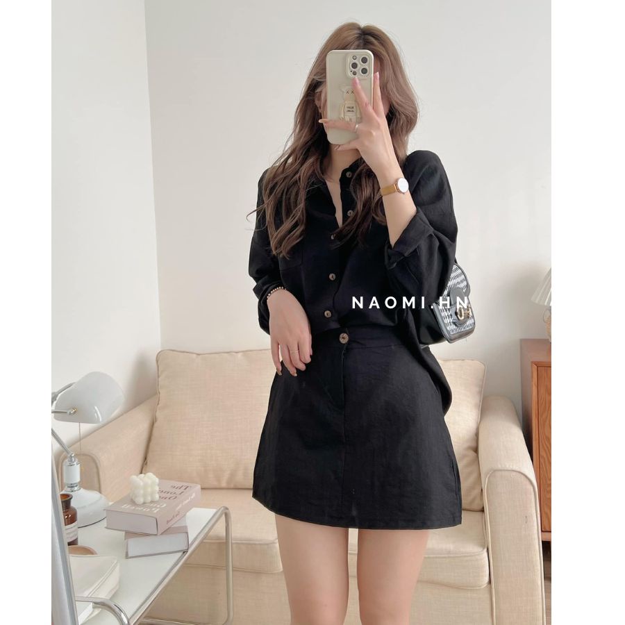 Set bộ đũi áo sơ mi dài tay kèm chân váy chữ A chun sau có quần bảo hộ. Set đồ nữ áo sơ mi cổ đức kèm váy nhiều màu