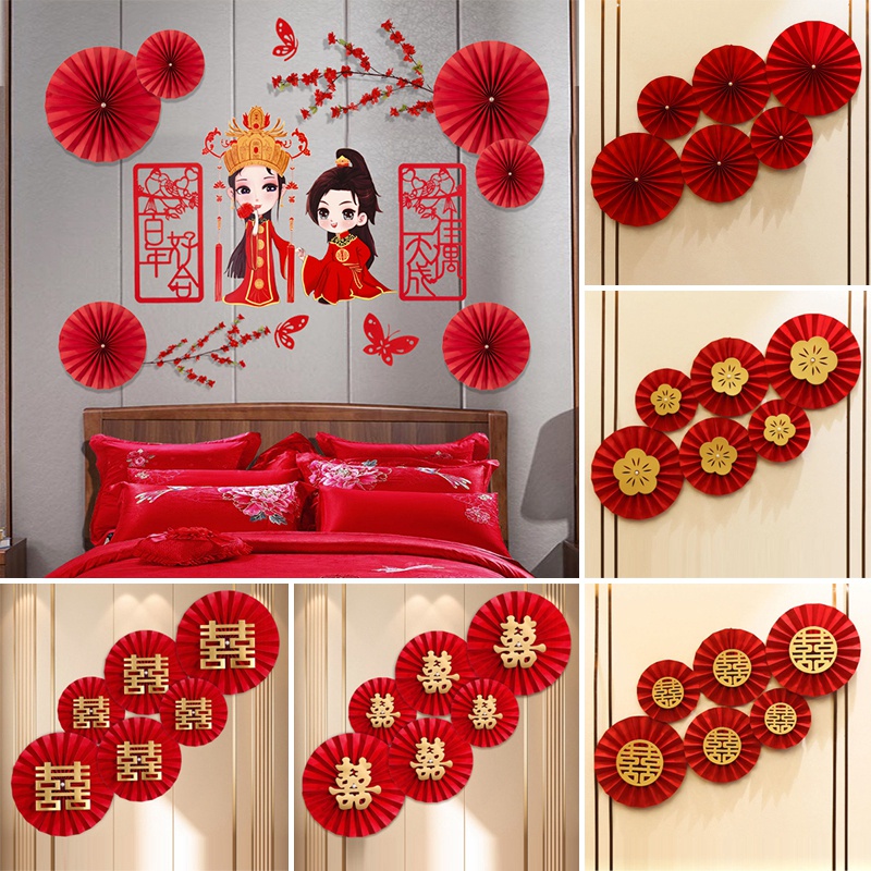 Set 6 cái hoa rẻ quạt giấy dùng để trang trí tiệc cưới phong cách Trung Hoa cổ điển