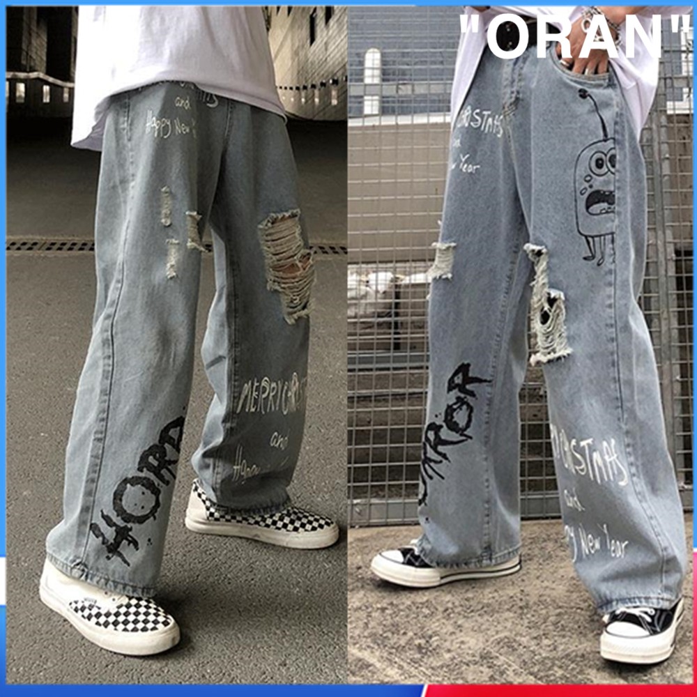 Quần jeans ống rộng rách gối cá tính cho nam 50off
