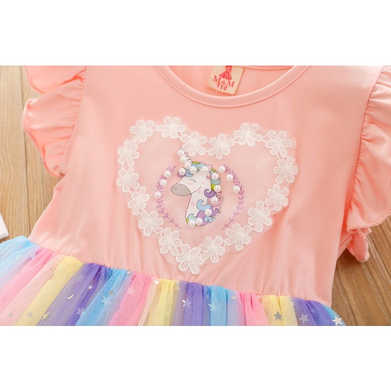 Đầm công chúa phối lưới màu cầu vồng xinh xắn thời trang mùa hè cho bé gái