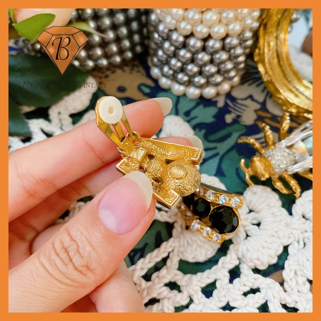 BÔNG TAI ĐÍNH ĐÁ SECONDHAND TRANG SỨC SI NHẬT BẢN BOU JEWELRY VINTAGE MÃ BT085