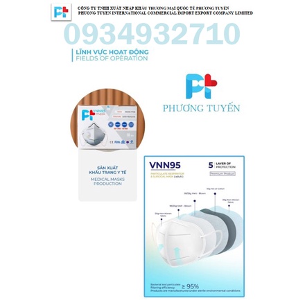 Khẩu Trang VNN95 PT Mask, 5 Lớp, kháng Khuẩn, Chống Bụi Siêu Mịn PM2.5, Màu Trắng - Đạt Các Chứng Chỉ ISO 9001, CE, FDA