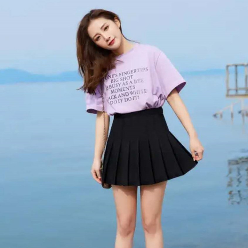 ✉☇phiên bản Hàn Quốc of High Waist Academy Váy ngắn mini chữ A xếp ly kẻ sọc Skater (với quần an toàn bên trong)