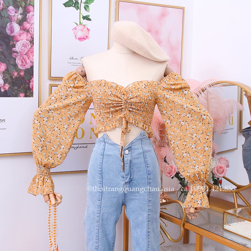 [Hàng Nhập]  Áo Croptop Ngắn Voan -Tay Dài Hoa Nhí “Style Hàn Quốc” Mã QC81