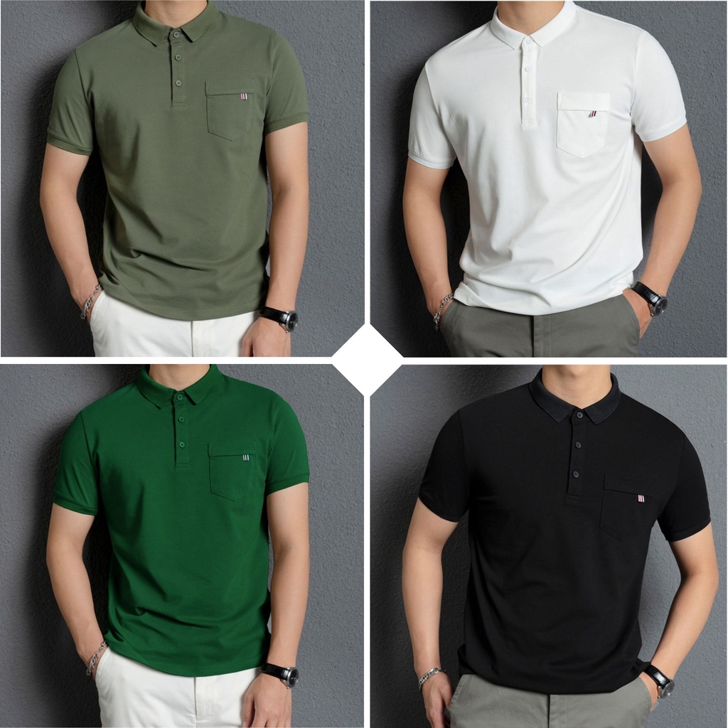 Áo polo nam túi ngực cổ bẻ ngắn tay phom rộng vải cá sấu 4 màu - KO Fashion