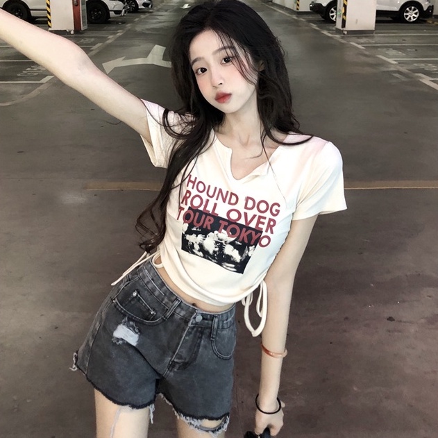 Áo thun lửng ZHELIHANGFEI tay dài phối dây rút thời trang dành cho nữ