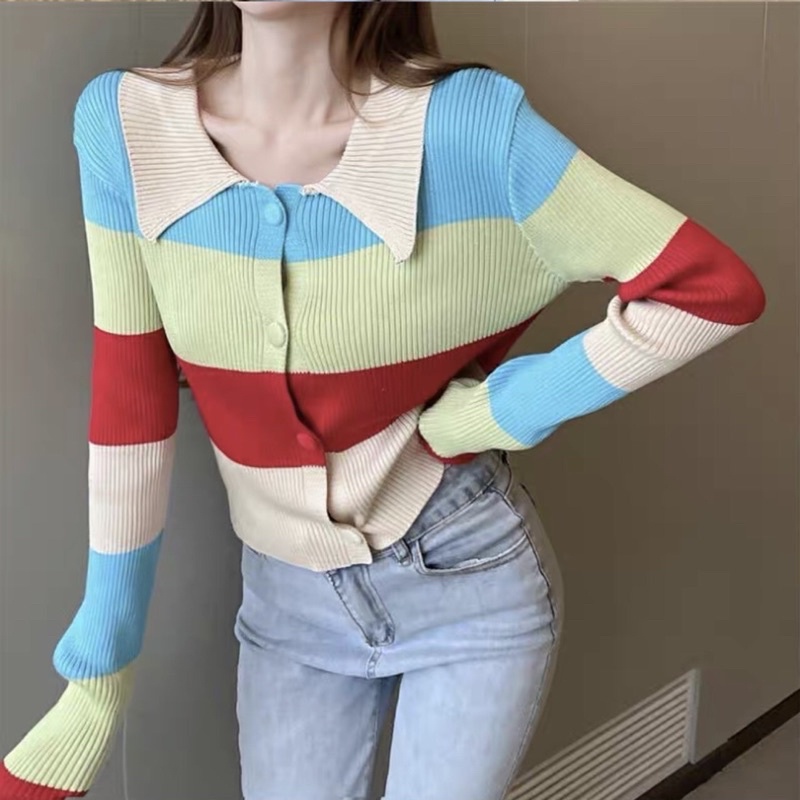 Áo Len Nữ Hàn Quốc VAYO Áo Len Tay Dài Nữ Cổ Bẻ Thời Trang Quảng Châu Dáng Ôm Kẻ Sọc Nhiều Màu Dưới 53kg | BigBuy360 - bigbuy360.vn