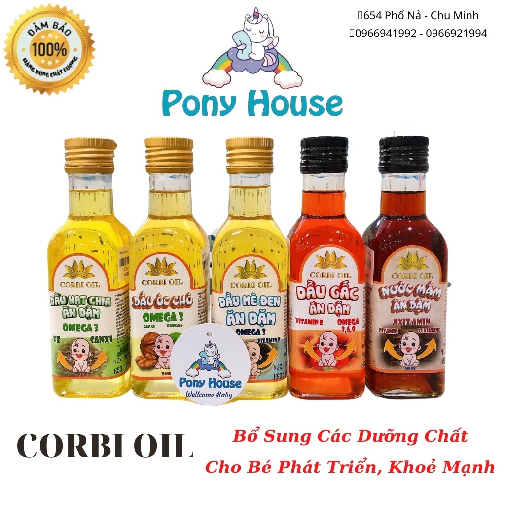 Dầu Ăn dặm CORBI OIL - Dầu Gấc, Mè, Óc Chó, Hạt Chia, Mắm Cho Bé Từ 6 Tháng 150ML Date 2023