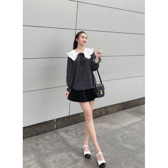 Áo sơ mi voan chấm bi pha cổ sen trắng