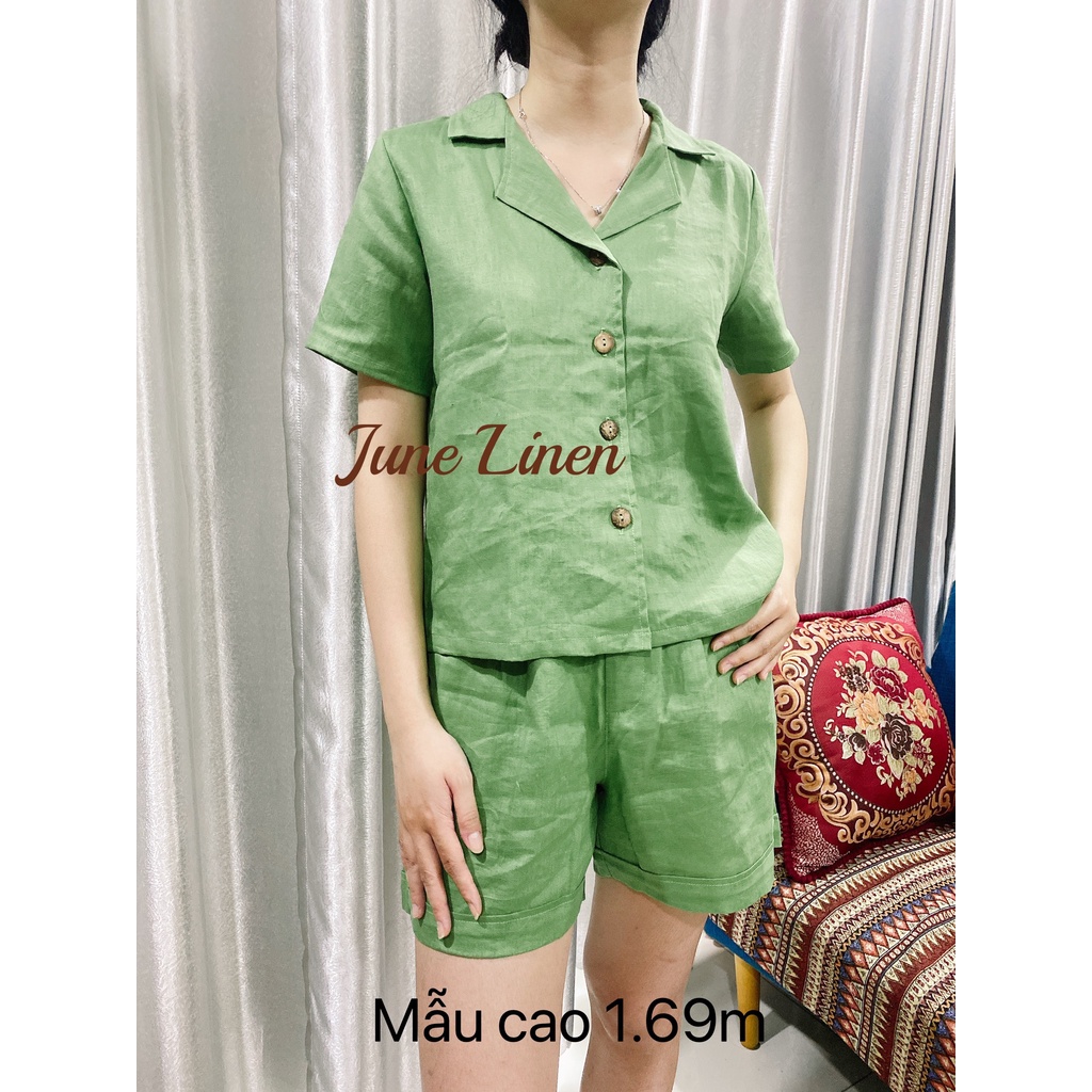 HỎA TỐC. Set bộ áo danton, quần short lưng cao. LINEN TƯNG PREMIUM. Hình thật. June Linen