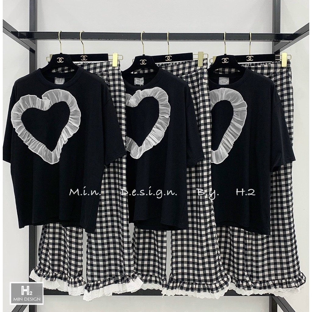 set bộ áo thun tim bèo ngực kèm quần carro k