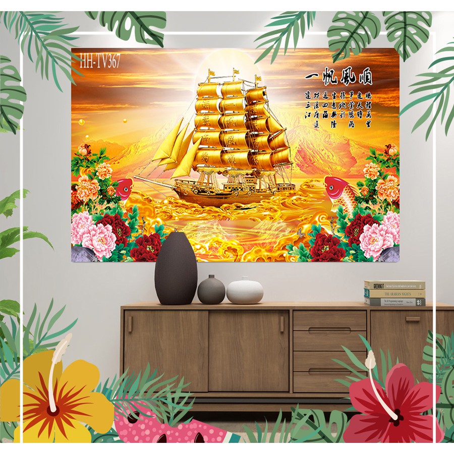 Tranh PP Nhựa Dán Tường 3D , Thuận Buồm Xuôi Gió ( 5 KÍCH THƯỚC ) , Mặt Sau Có Sẵn Keo , Bao Lau Nước Thoải Mái