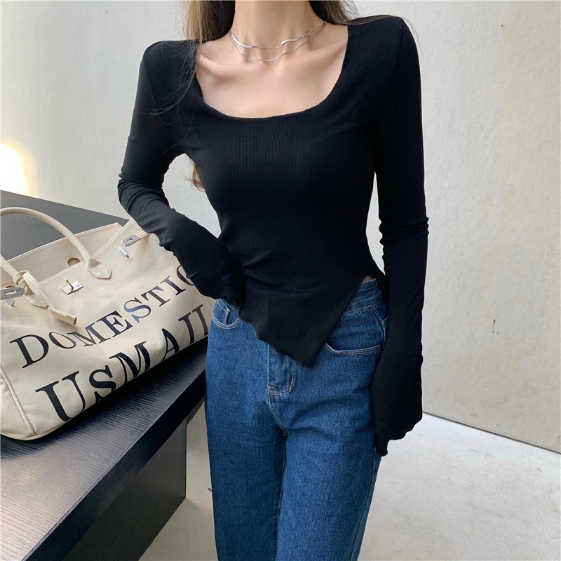 SUA001 Áo thun body Ulzzang xẻ vạt chéo cổ thuyền Áo phông trơn xám đen trắng dài tay dáng ôm lệch tà nữ tính Hàn Quốc