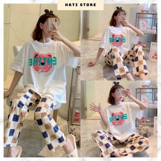 Set đồ bộ nữ mặc nhà hình gấu hồng, Set quần dài ống rộng áo thun NA50