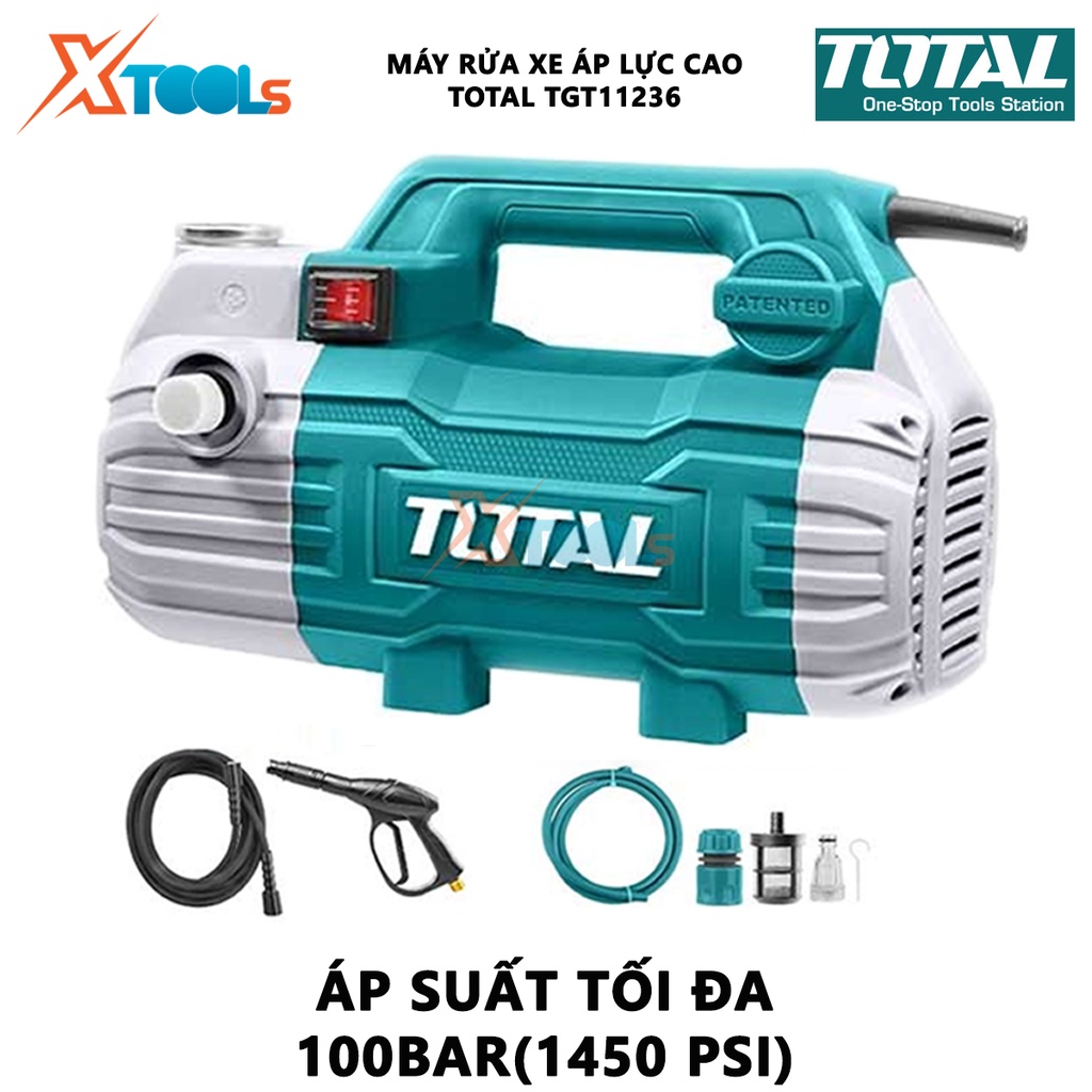 Máy rửa xe TOTAL TGT11236 thiết bị vệ sinh xe điện thế 220-240V~50Hz 1500W, Áp suất tối đa 100Bar đánh bay bụi bẩn
