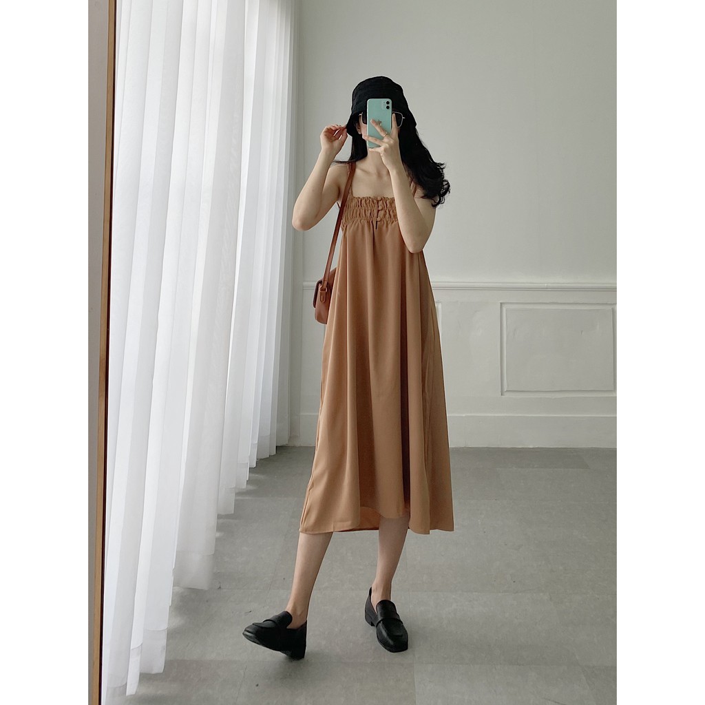 YU CHERRY | Đầm hai dây chất vải cát mịn cách điệu thun ngực Cami Long Dress YD125