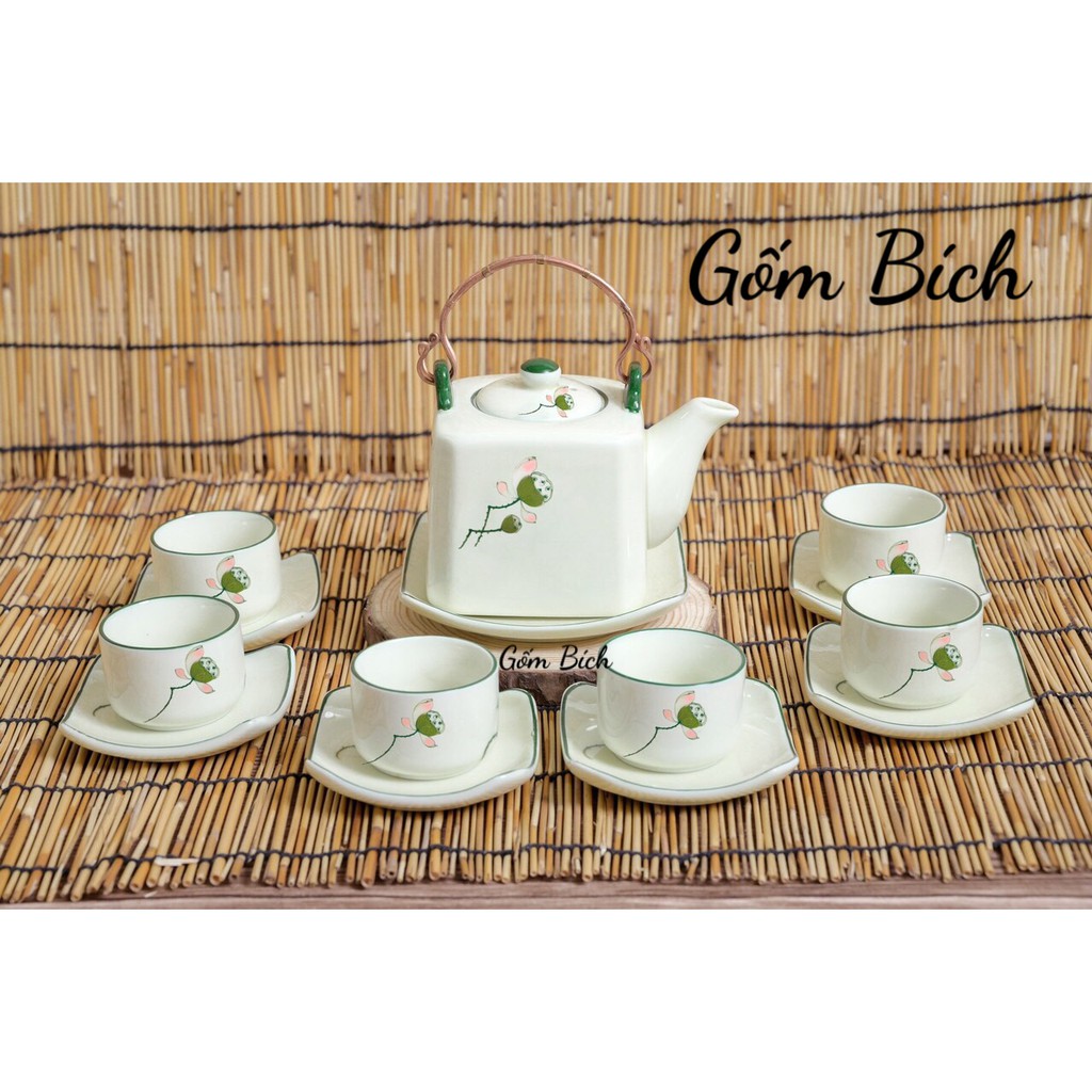 Bộ Ấm Chén Men Kem Quai Đồng Vẽ Hoa Nhiều Mẫu - Quà Tặng Gốm Sứ Bát Tràng