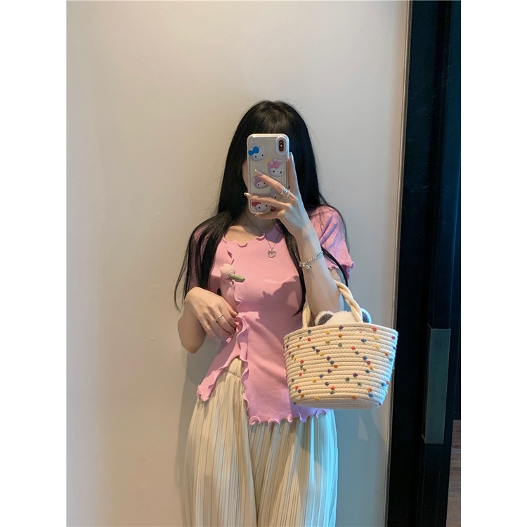 Áo sweater dệt kim Xiaozhainv tay ngắn in hoa phong cách Hàn Quốc có 3 màu lựa chọn thời trang cho nữ