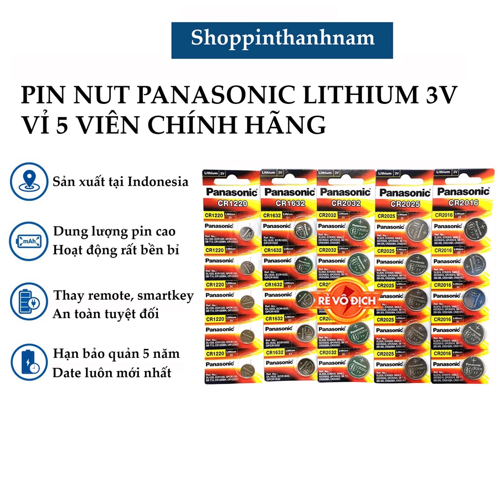 Vỉ 5 viên Pin Panasonic CR2032 / CR1632 / CR2025 / CR1220 / CR1620 / CR2016 / CR1616 / CR2450 chính hãng