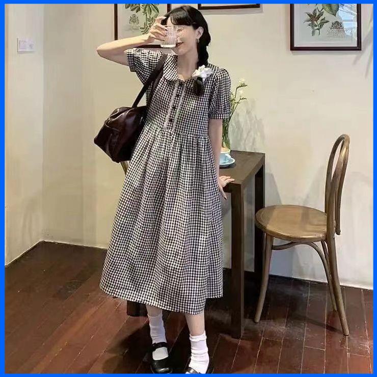 Váy babydoll Đầm Dài Cổ Búp Bê Sọc Ca Rô Trắng Đen Phong Cách Nhật Bản Ngọt Ngào Thời Trang Mùa Hè 2022 Cho Nữ