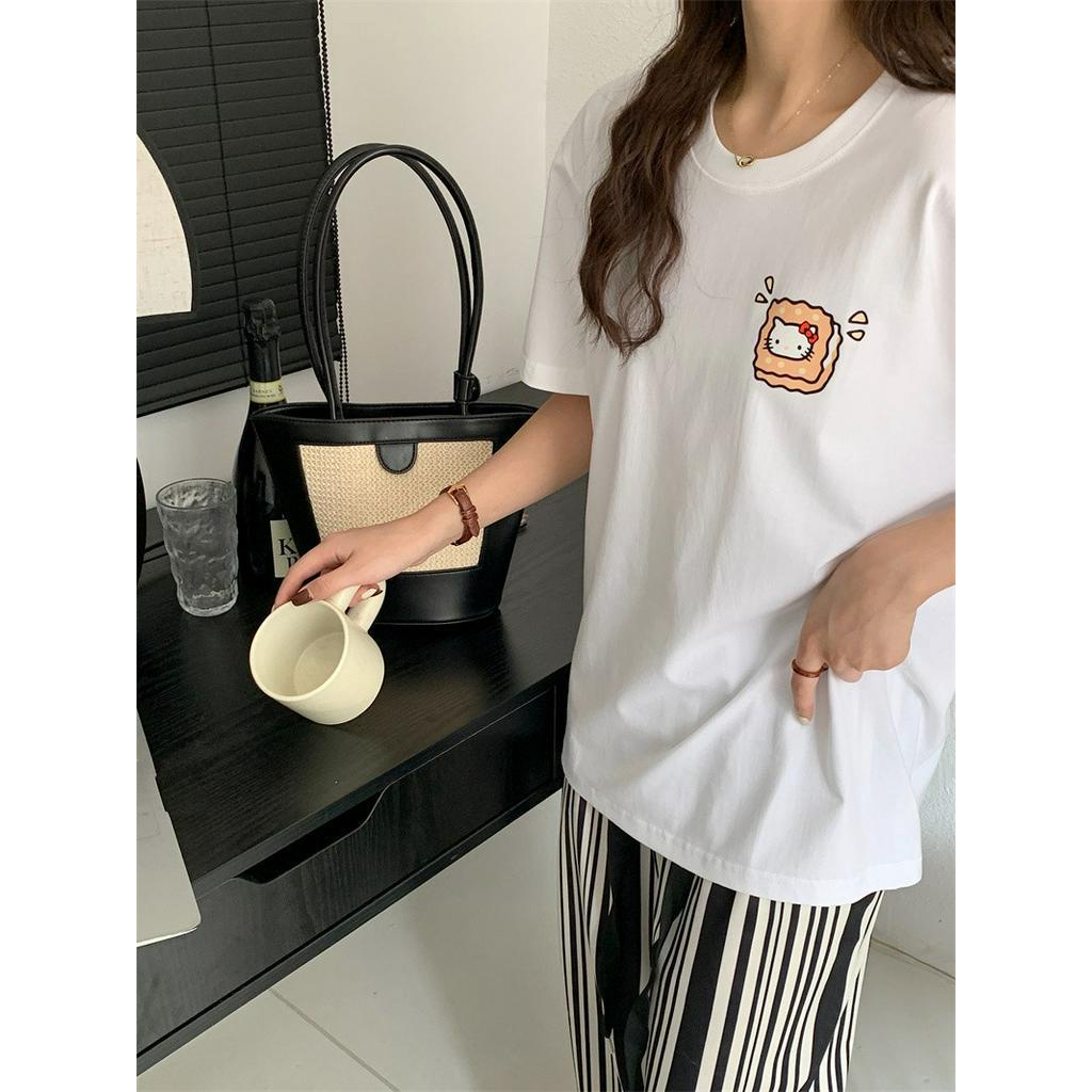 Áo Thun Cotton Dáng Rộng Ngắn Tay In Hoạt Hình Đáng Yêu 62329