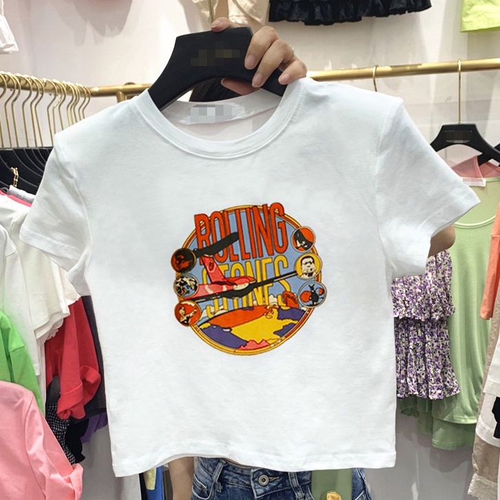 Áo Thun Crop Top Ngắn Tay Màu Đen In Họa Tiết Phong Cách Hàn Quốc Thời Trang Mùa Hè Cho Nữ