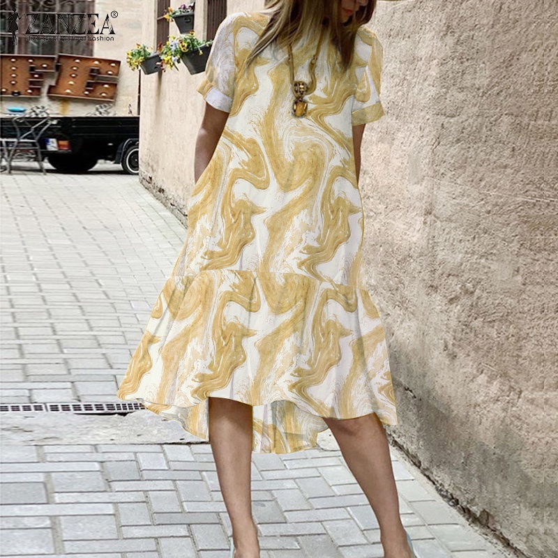 Đầm ZANZEA chữ A tay ngắn cổ tròn thời trang sành điệu dành cho phái nữ