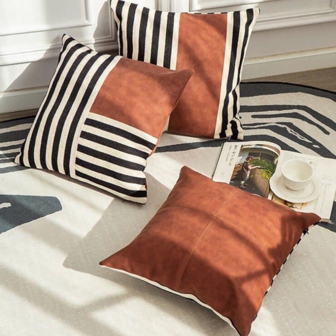 Vỏ gối vuông cao cấp trang trí sofa da lộn phối vải sọc - Thảm Vintage