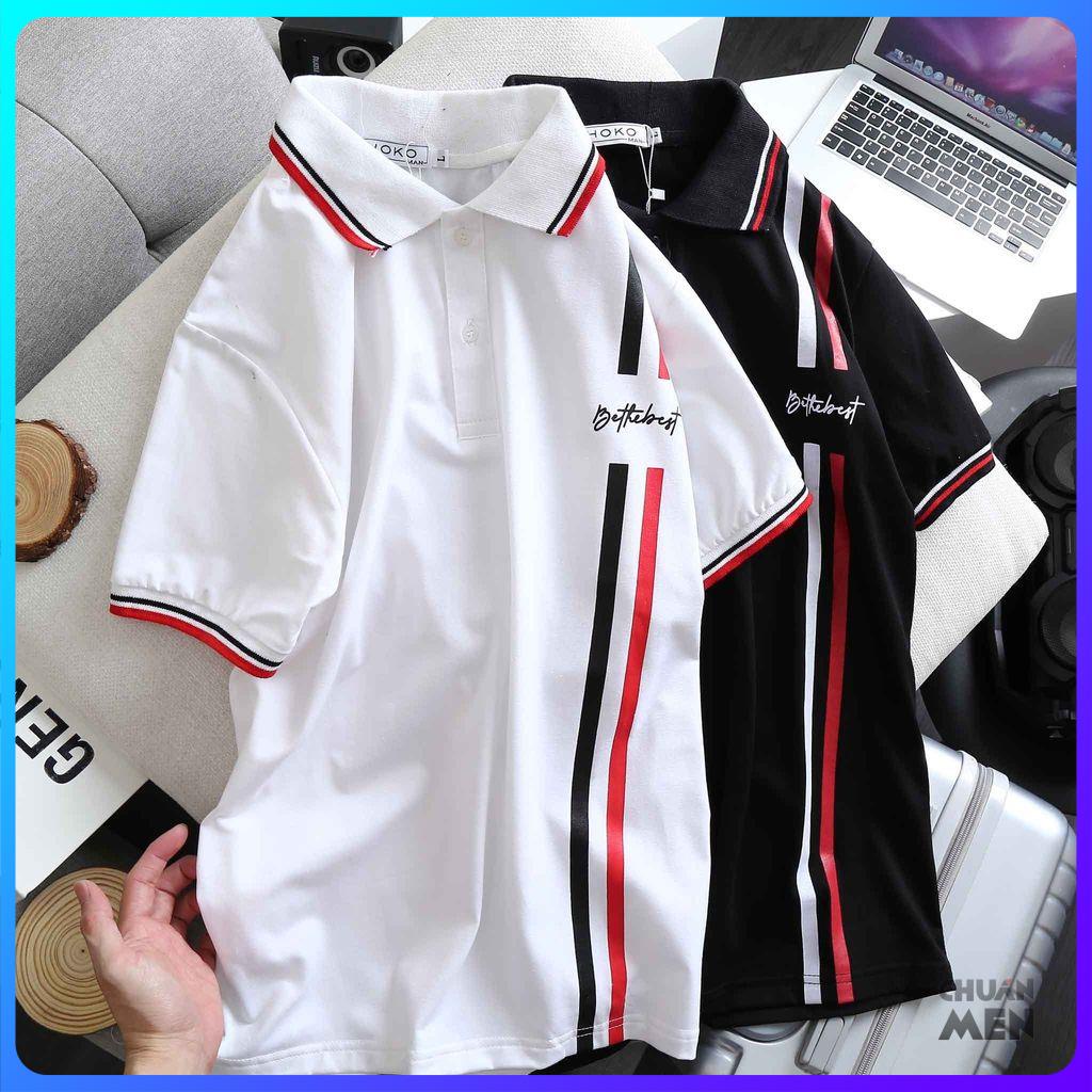 Áo polo nam, áo thun nam cổ trụ tay ngắn lịch lãm chất liệu cotton dày dặn, co giãn mềm mịn PHỐI SỌC DỌC ĐỎ - Chuẩn Men