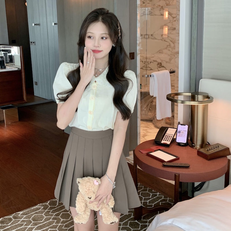 Áo Sơ Mi Ngắn Tay Cổ Búp Bê Khoét Nhiều Lớp Thời Trang Mùa Hè Cho Nữ