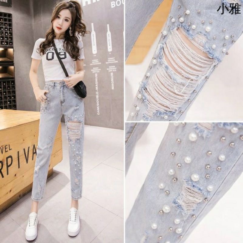 Quần jean baggy nữ rách đính cườm size S, M