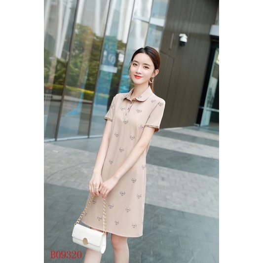 Đầm polo dáng chữ A hoạ tiết gấu màu nâu be tôn da thương hiệu Burberry BBR cao cấp