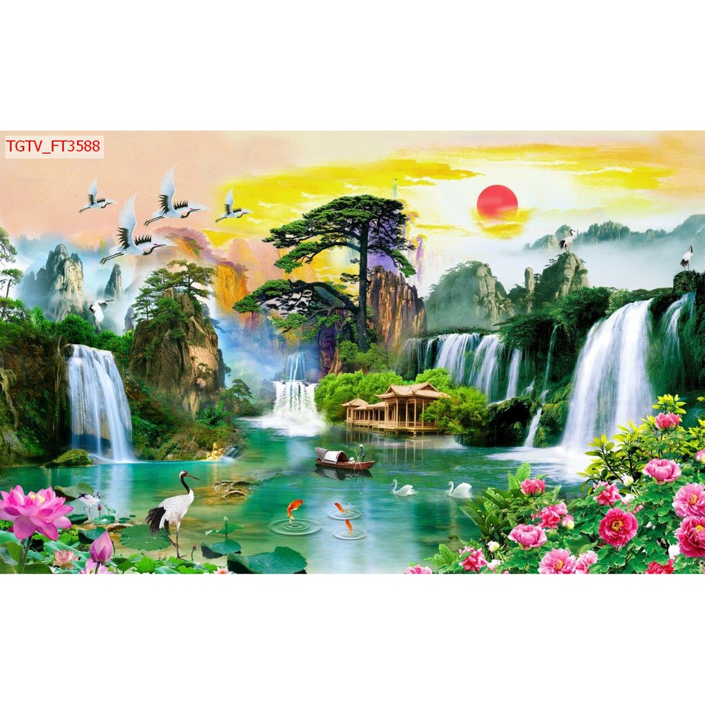 Tranh Dán Tường 3D, Phong Cảnh Thác Nước Thiên Nhiên Đẹp , Có Sẵn Keo Mặt Sau Lột Ra Là Dán Rất Tiện Lợi