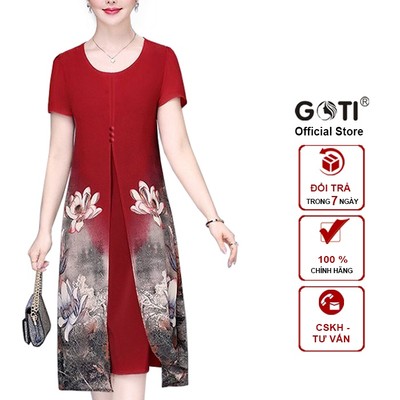 GOTI – Đầm Suông Dự Tiệc Trung Niên Cao Cấp Giấu Bụng Tay Ngắn Vải Voan 2 Lớp In Hoa 3300 3301