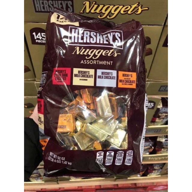 Chocolate hạnh nhân Hershey's Nuggets 145 viên 1,47kg và Socola Hersheys Miniature 180 Viên túi 1.58kg