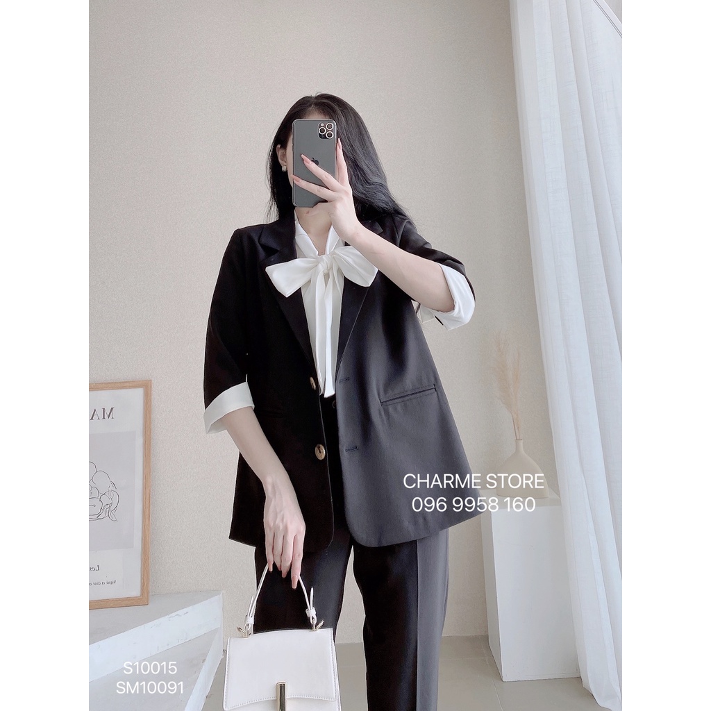 Áo sơ mi nữ trơn dài tay cổ nơ thiết kế Charme 110091