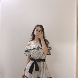 VÁY KẺ CỔ BÈO THẮT NƠ EO ZR(ẢNH THẬT)