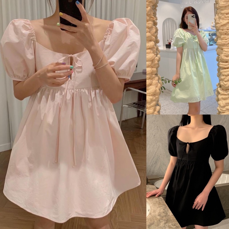 Minipie - Đầm Babydoll Tay Ngắn Nơ Ngực Màu Pastel